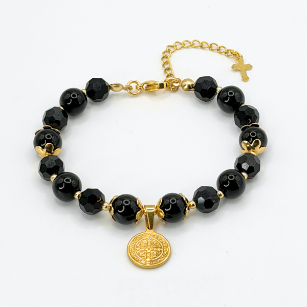 ST. BENEDICT 18K GOLD PLATED, NATURAL STONE BEADS, LOBSTER CLASP + 2 IN. EXTENDER CHAIN MINI CROSS CHARM STAINLESS STEEL
