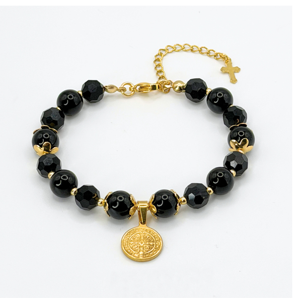 ST. BENEDICT 18K GOLD PLATED, NATURAL STONE BEADS, LOBSTER CLASP + 2 IN. EXTENDER CHAIN MINI CROSS CHARM STAINLESS STEEL