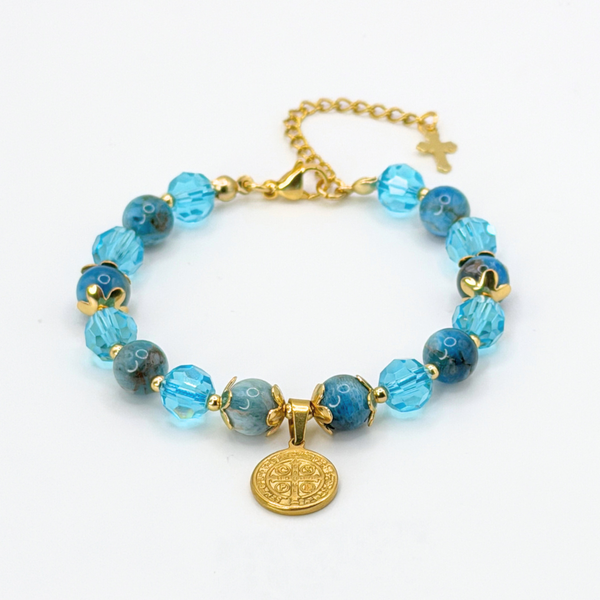 ST. BENEDICT 18K GOLD PLATED, NATURAL STONE BEADS, LOBSTER CLASP + 2 IN. EXTENDER CHAIN MINI CROSS CHARM STAINLESS STEEL