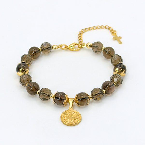 ST. BENEDICT 18K GOLD PLATED, NATURAL STONE BEADS, LOBSTER CLASP + 2 IN. EXTENDER CHAIN MINI CROSS CHARM STAINLESS STEEL
