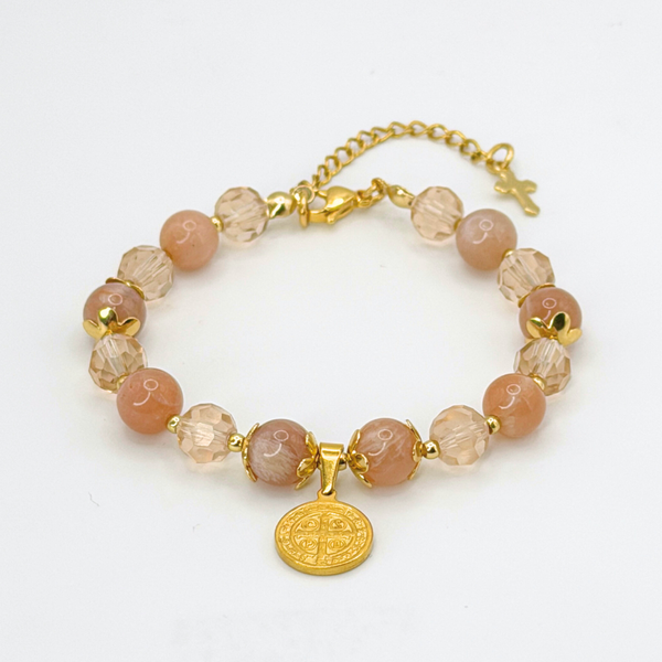 ST. BENEDICT 18K GOLD PLATED, NATURAL STONE BEADS, LOBSTER CLASP + 2 IN. EXTENDER CHAIN MINI CROSS CHARM STAINLESS STEEL