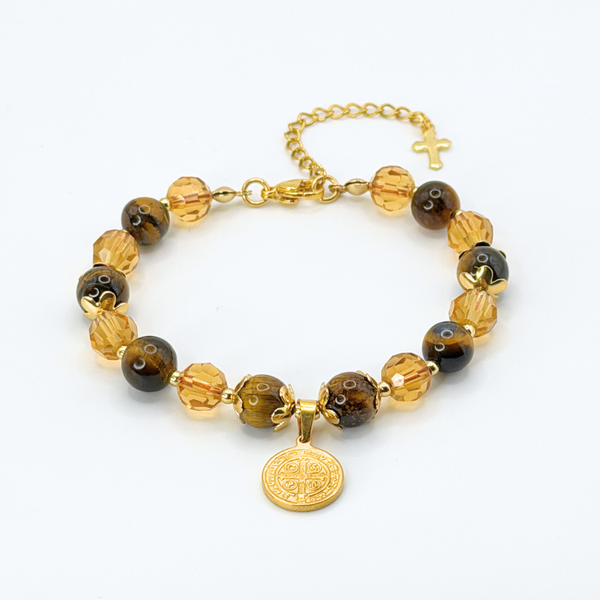 ST. BENEDICT 18K GOLD PLATED, NATURAL STONE BEADS, LOBSTER CLASP + 2 IN. EXTENDER CHAIN MINI CROSS CHARM STAINLESS STEEL