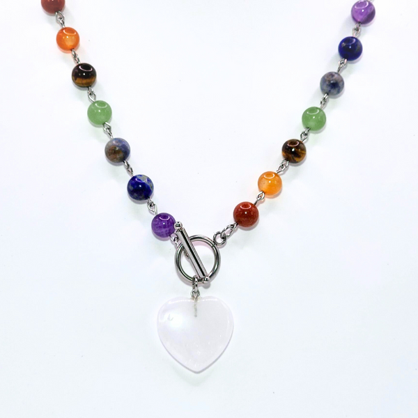 7 CHAKRAS CLEAR QUARTZ - ENERGY BALANCE & AMPLIFICATION - BEADED HEART PENDANT TOGGLE CLASP NECKLACE