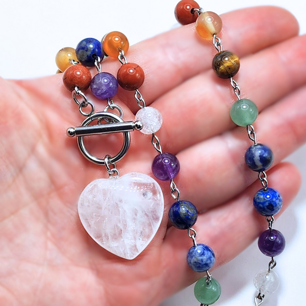 7 CHAKRAS CLEAR QUARTZ - ENERGY BALANCE & AMPLIFICATION - BEADED HEART PENDANT TOGGLE CLASP NECKLACE