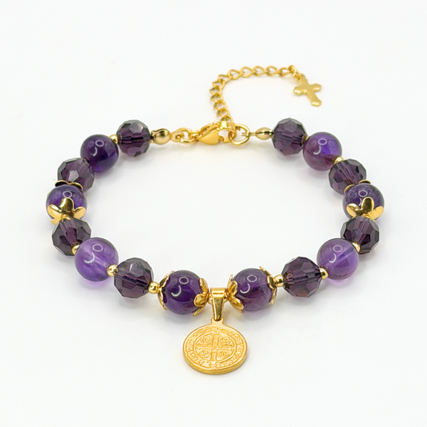 ST. BENEDICT 18K GOLD PLATED, NATURAL STONE BEADS, LOBSTER CLASP + 2 IN. EXTENDER CHAIN MINI CROSS CHARM STAINLESS STEEL