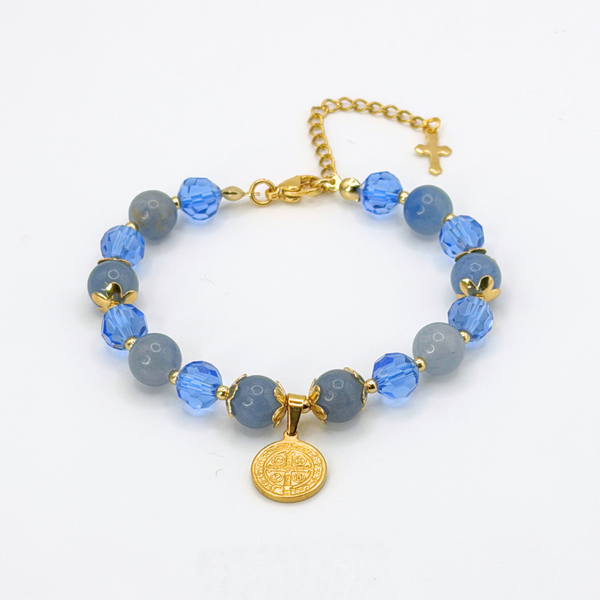 ST. BENEDICT 18K GOLD PLATED, NATURAL STONE BEADS, LOBSTER CLASP + 2 IN. EXTENDER CHAIN MINI CROSS CHARM STAINLESS STEEL