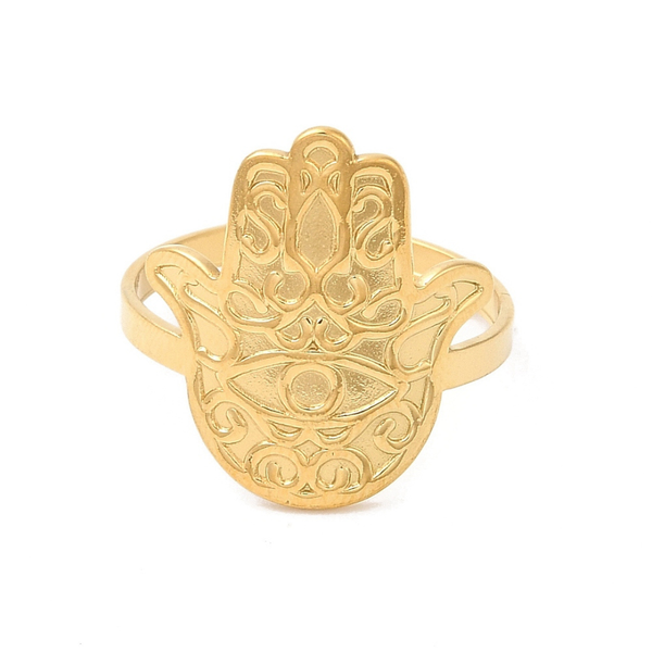 HAMSA EVIL EYE 18K GOLD PLATED OPEN ADJUSTABLE STAINLESS STEEL RING
