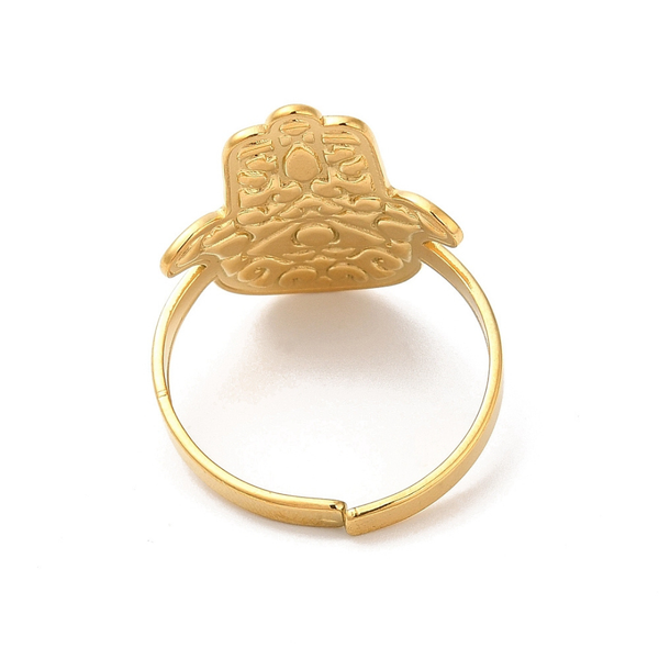 HAMSA EVIL EYE 18K GOLD PLATED OPEN ADJUSTABLE STAINLESS STEEL RING