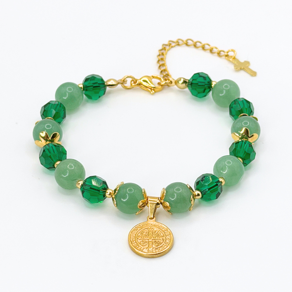 ST. BENEDICT 18K GOLD PLATED, NATURAL STONE BEADS, LOBSTER CLASP + 2 IN. EXTENDER CHAIN MINI CROSS CHARM STAINLESS STEEL