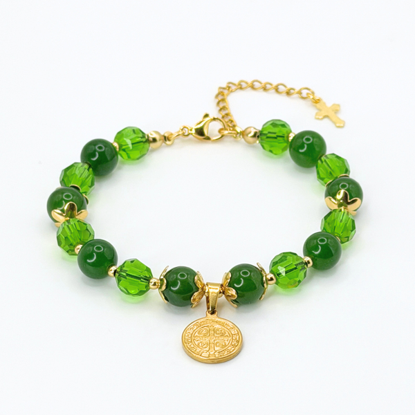 ST. BENEDICT 18K GOLD PLATED, NATURAL STONE BEADS, LOBSTER CLASP + 2 IN. EXTENDER CHAIN MINI CROSS CHARM STAINLESS STEEL