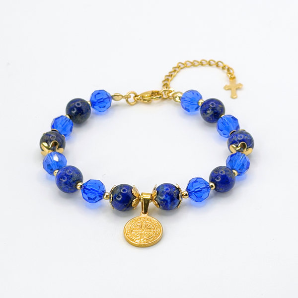 ST. BENEDICT 18K GOLD PLATED, NATURAL STONE BEADS, LOBSTER CLASP + 2 IN. EXTENDER CHAIN MINI CROSS CHARM STAINLESS STEEL