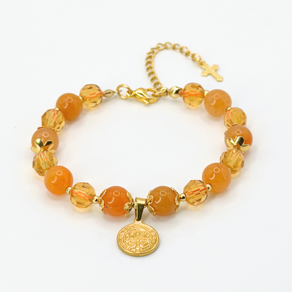 ST. BENEDICT 18K GOLD PLATED, NATURAL STONE BEADS, LOBSTER CLASP + 2 IN. EXTENDER CHAIN MINI CROSS CHARM STAINLESS STEEL