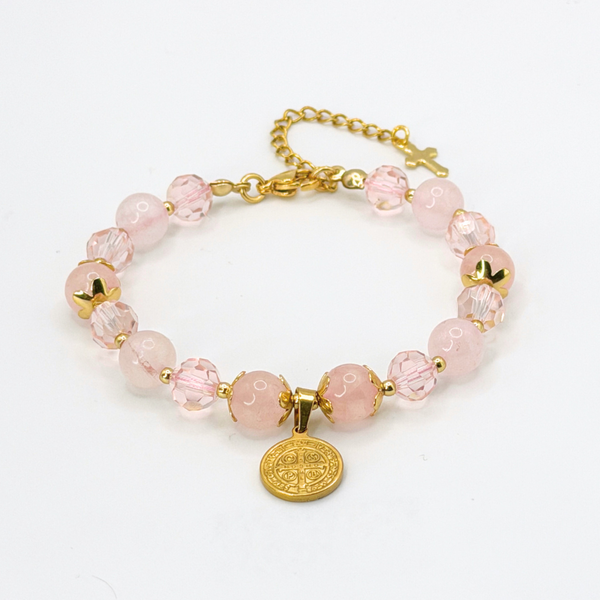 ST. BENEDICT 18K GOLD PLATED, NATURAL STONE BEADS, LOBSTER CLASP + 2 IN. EXTENDER CHAIN MINI CROSS CHARM STAINLESS STEEL
