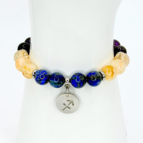 SAGITTARIUS ENERGY - AMETHYST, CITRINE AND LAPIS LAZULI  8MM NATURAL STONE BEADS, LOBSTER CLASP + 2 IN. EXTENDER CHAIN STAINLESS STEEL