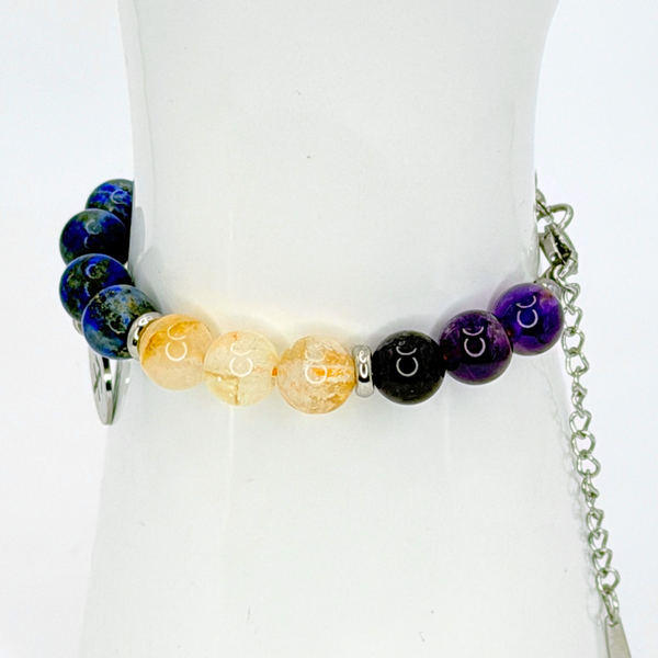 SAGITTARIUS ENERGY - AMETHYST, CITRINE AND LAPIS LAZULI  8MM NATURAL STONE BEADS, LOBSTER CLASP + 2 IN. EXTENDER CHAIN STAINLESS STEEL