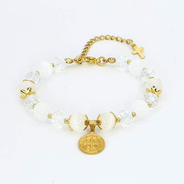 ST. BENEDICT 18K GOLD PLATED, NATURAL STONE BEADS, LOBSTER CLASP + 2 IN. EXTENDER CHAIN MINI CROSS CHARM STAINLESS STEEL