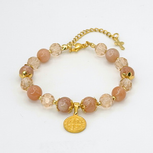 ST. BENEDICT 18K GOLD PLATED, NATURAL STONE BEADS, LOBSTER CLASP + 2 IN. EXTENDER CHAIN MINI CROSS CHARM STAINLESS STEEL