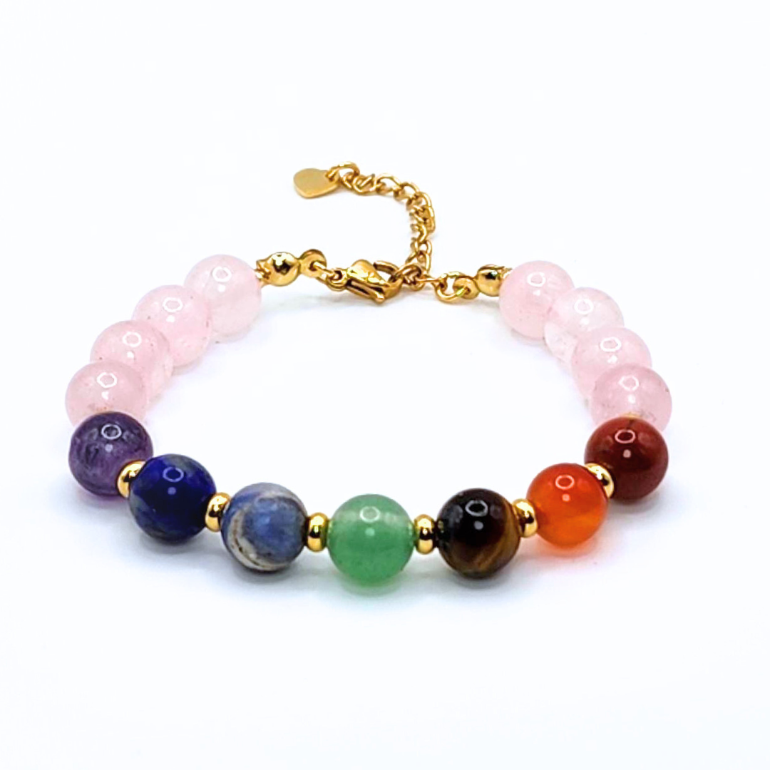 SEVEN CHAKRA - ROSE QUARTZ SMOOTH ROUND 8MM 18K GOLD PLATED STAINLESS STEEL BRACELET