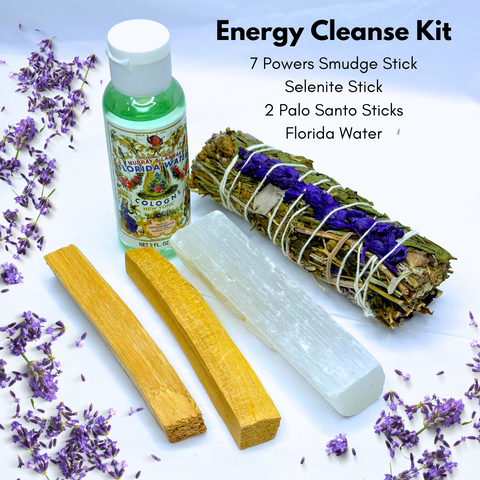 5 PIECE ENERGY CLEANSING KIT (7 POWER SMUDGE, FLORIDA WATER, SELENITE STICK & PALO SANTO)