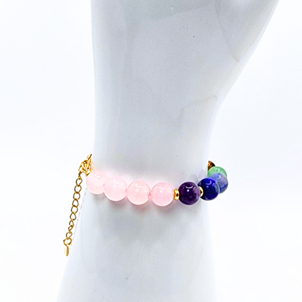 SEVEN CHAKRA - ROSE QUARTZ SMOOTH ROUND 8MM 18K GOLD PLATED STAINLESS STEEL BRACELET