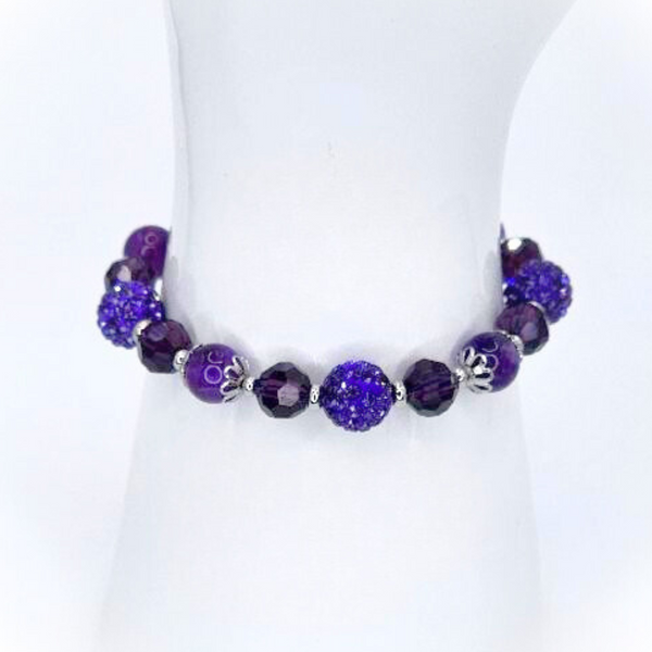 AMETHYST BRACELET - FACETED GLASS BEADS AND POLYMER CLAY RHINESTONE BEADS COMBINATION