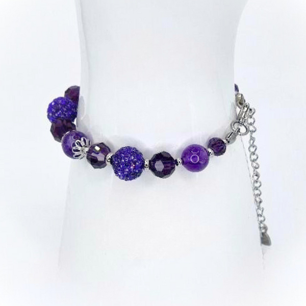 AMETHYST BRACELET - FACETED GLASS BEADS AND POLYMER CLAY RHINESTONE BEADS COMBINATION