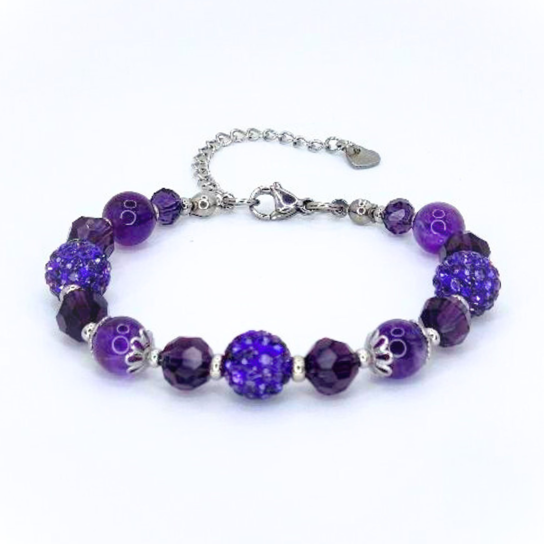 AMETHYST BRACELET - FACETED GLASS BEADS AND POLYMER CLAY RHINESTONE BEADS COMBINATION