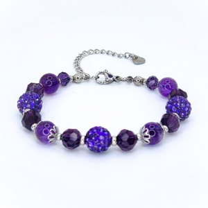 AMETHYST BRACELET - FACETED GLASS BEADS AND POLYMER CLAY RHINESTONE BEADS COMBINATION