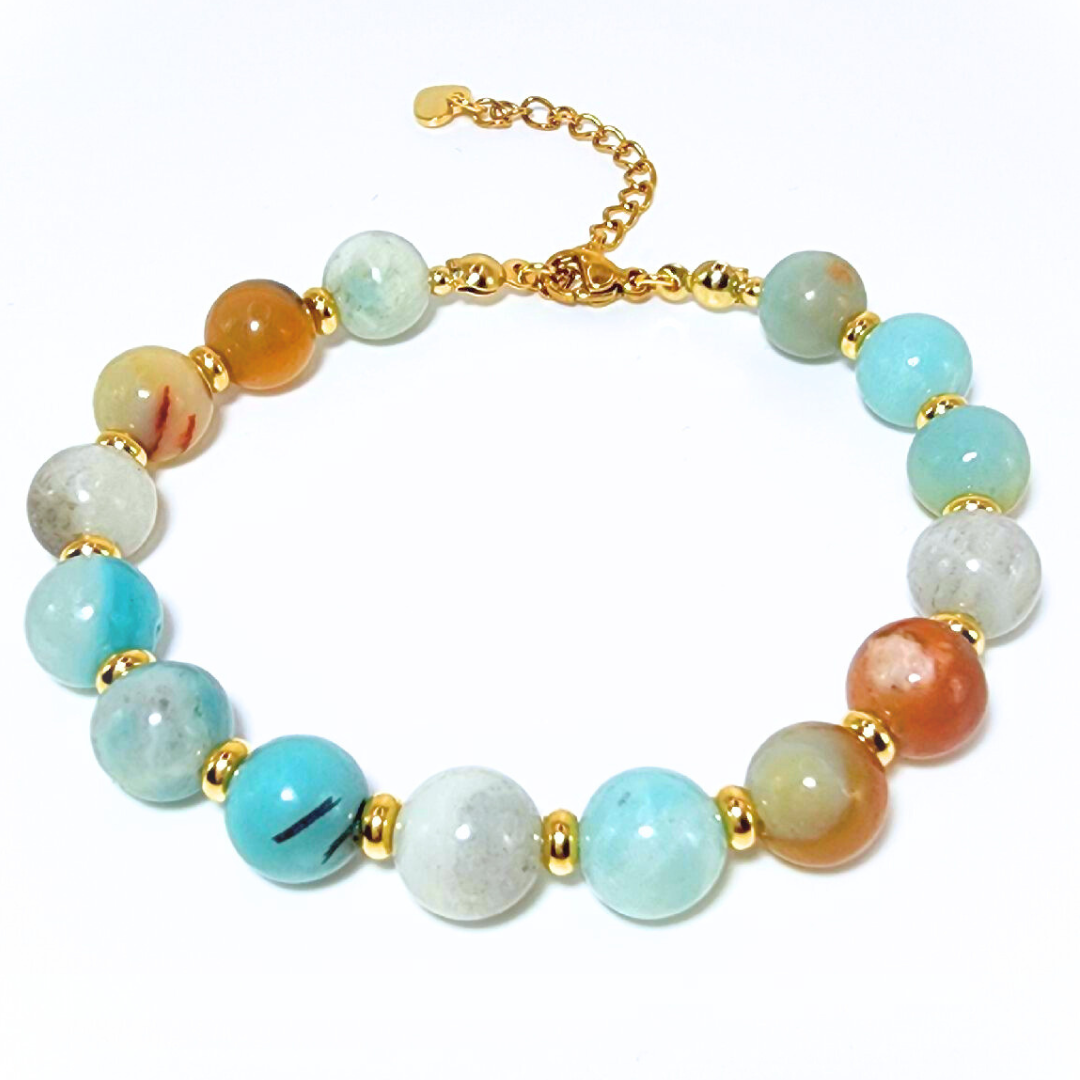 FLOWER AMAZONITE SMOOTH ROUND 8MM 18K GOLD PLATED STAINLESS STEEL BRACELET