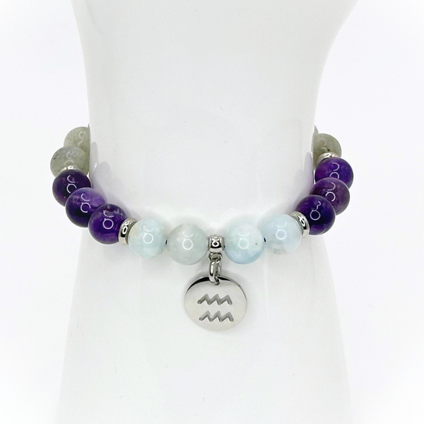 AQUARIUS ENERGY - LABRADORITE, AMETHYST AND AQUAMARINE 8MM NATURAL STONE BEADS, LOBSTER CLASP + 2 IN. EXTENDER CHAIN STAINLESS STEEL