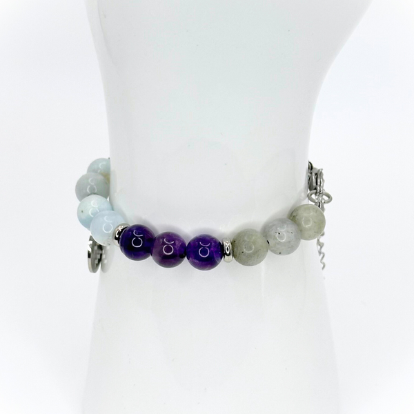 AQUARIUS ENERGY - LABRADORITE, AMETHYST AND AQUAMARINE 8MM NATURAL STONE BEADS, LOBSTER CLASP + 2 IN. EXTENDER CHAIN STAINLESS STEEL
