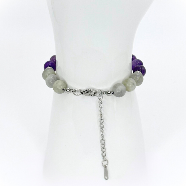 AQUARIUS ENERGY - LABRADORITE, AMETHYST AND AQUAMARINE 8MM NATURAL STONE BEADS, LOBSTER CLASP + 2 IN. EXTENDER CHAIN STAINLESS STEEL