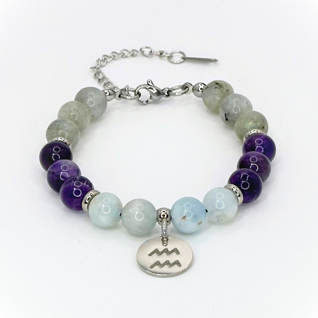 AQUARIUS ENERGY - LABRADORITE, AMETHYST AND AQUAMARINE 8MM NATURAL STONE BEADS, LOBSTER CLASP + 2 IN. EXTENDER CHAIN STAINLESS STEEL