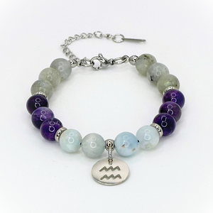 AQUARIUS ENERGY - LABRADORITE, AMETHYST AND AQUAMARINE 8MM NATURAL STONE BEADS, LOBSTER CLASP + 2 IN. EXTENDER CHAIN STAINLESS STEEL