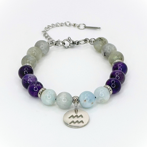 AQUARIUS ENERGY - LABRADORITE, AMETHYST AND AQUAMARINE 8MM NATURAL STONE BEADS, LOBSTER CLASP + 2 IN. EXTENDER CHAIN STAINLESS STEEL