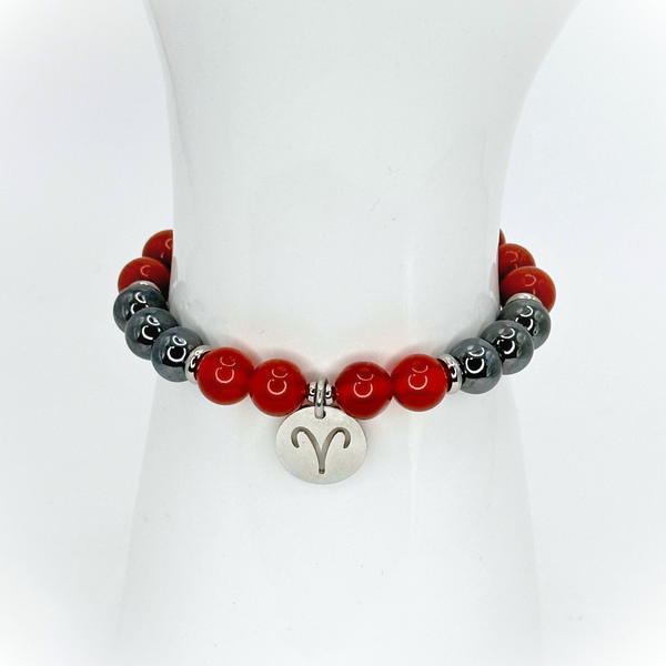 ARIES ENERGY - RED JASPER, HEMATITE AND CARNELIAN 8MM NATURAL STONE BEADS, LOBSTER CLASP + 2 IN. EXTENDER CHAIN STAINLESS STEEL