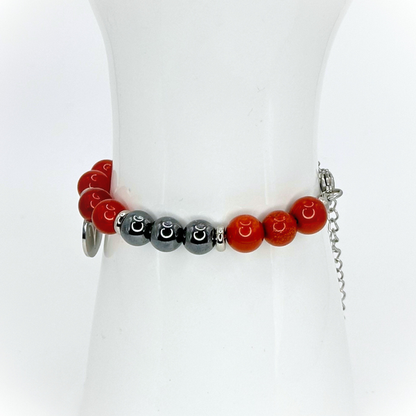 ARIES ENERGY - RED JASPER, HEMATITE AND CARNELIAN 8MM NATURAL STONE BEADS, LOBSTER CLASP + 2 IN. EXTENDER CHAIN STAINLESS STEEL