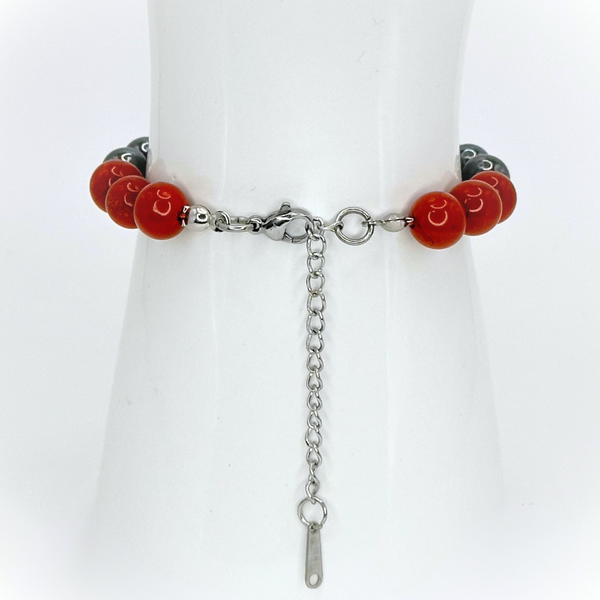 ARIES ENERGY - RED JASPER, HEMATITE AND CARNELIAN 8MM NATURAL STONE BEADS, LOBSTER CLASP + 2 IN. EXTENDER CHAIN STAINLESS STEEL