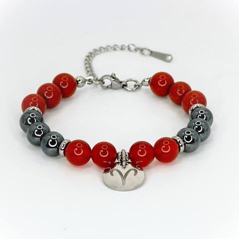 ARIES ENERGY - RED JASPER, HEMATITE AND CARNELIAN 8MM NATURAL STONE BEADS, LOBSTER CLASP + 2 IN. EXTENDER CHAIN STAINLESS STEEL