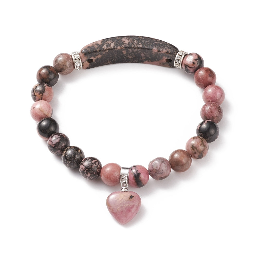 RHODONITE BAR & HEART BEADED STRETCH BRACELET