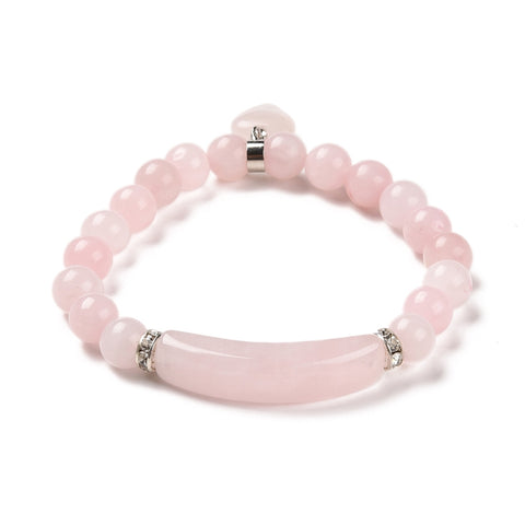 ROSE QUARTZ BAR & HEART BEADED STRETCH BRACELET