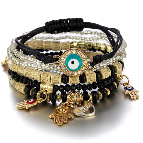 BLACK - MULTILAYER EVIL EYE & HAMSA BOHEMIAN STRETCH BEADED BRACELETS