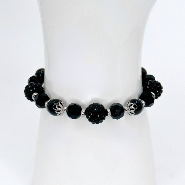 BLACK OBSIDIAN BRACELET - FACETED GLASS BEADS AND POLYMER CLAY RHINESTONE BEADS COMBINATION