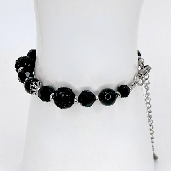 BLACK OBSIDIAN BRACELET - FACETED GLASS BEADS AND POLYMER CLAY RHINESTONE BEADS COMBINATION