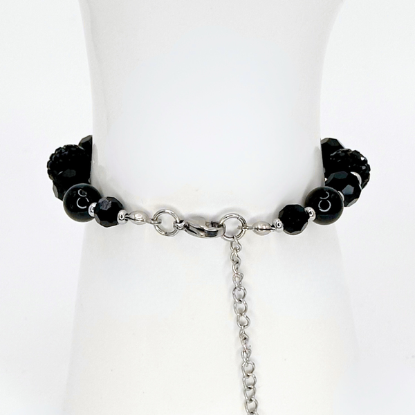 BLACK OBSIDIAN BRACELET - FACETED GLASS BEADS AND POLYMER CLAY RHINESTONE BEADS COMBINATION