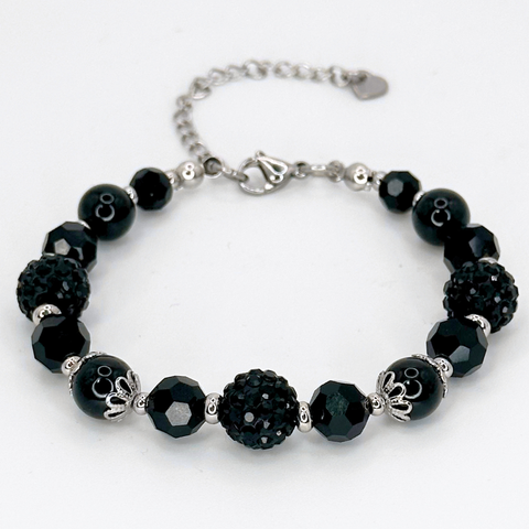 BLACK OBSIDIAN BRACELET - FACETED GLASS BEADS AND POLYMER CLAY RHINESTONE BEADS COMBINATION