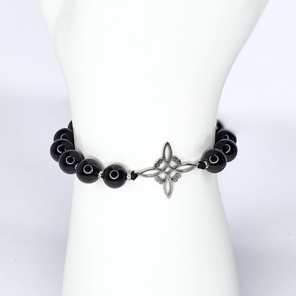 BLACK TOURMALINE WITCH KNOT BEADED MACRAME BRACELET