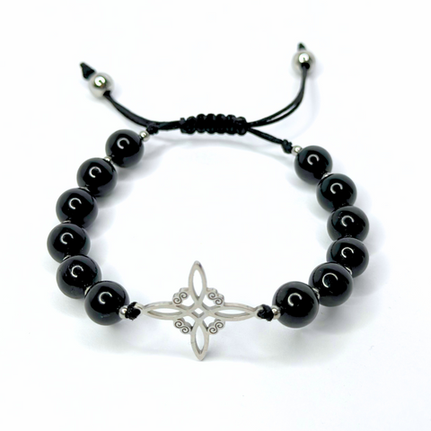 BLACK TOURMALINE WITCH KNOT BEADED MACRAME BRACELET