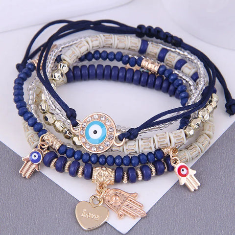 BLUE - MULTILAYER EVIL EYE & HAMSA BOHEMIAN STRETCH BEADED BRACELETS