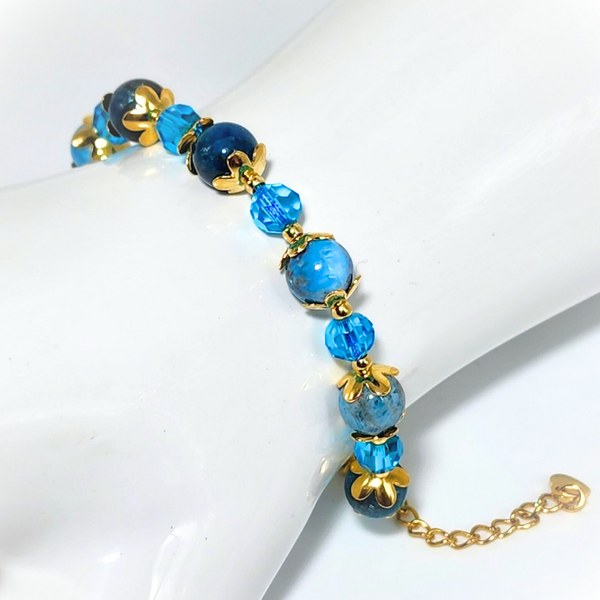 BLUE APATITE SMOOTH ROUND 8MM 18K GOLD PLATED STAINLESS STEEL BRACELET